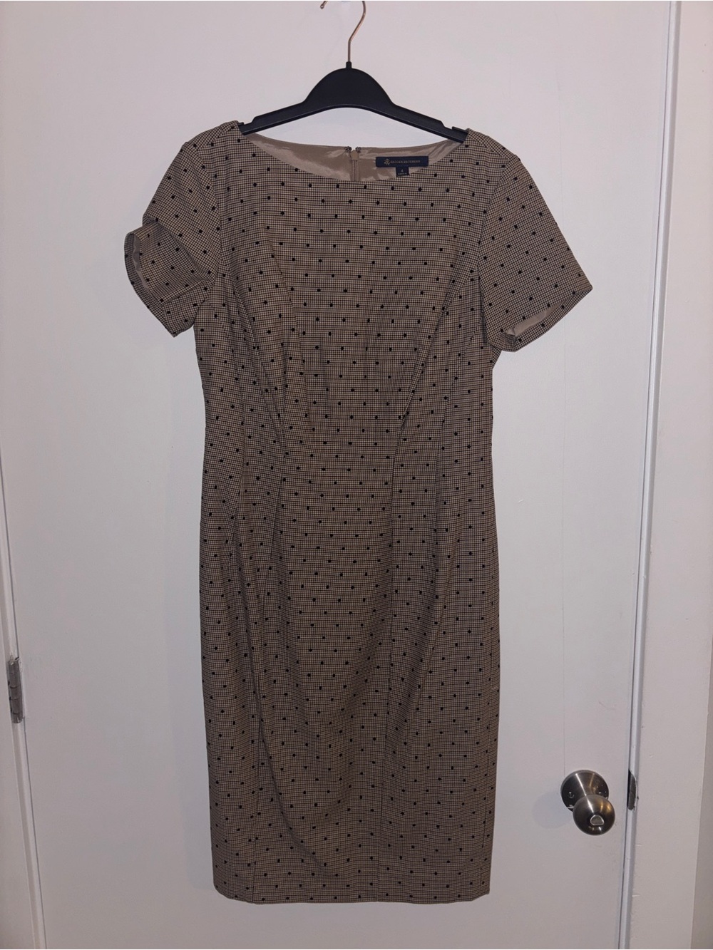 Brooks Brothers Tan Midi Dress with Black Dot Pattern